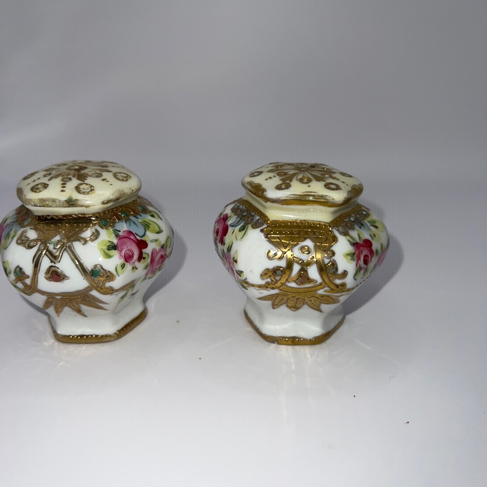 Pair of Antique Hand Painted Floral Porcelain Salt & Pepper Shakers